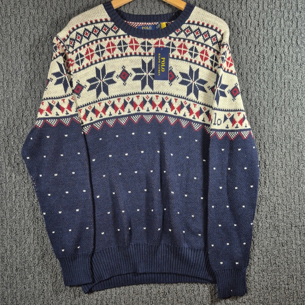 Polo Ralph Lauren Sweater Men XL Navy Fair Isle Holiday Heritage Cotton